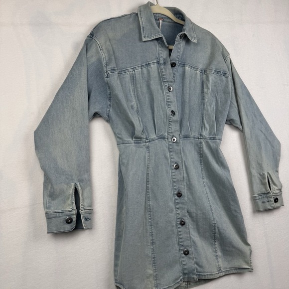 Free People Dress Womens 4 Amber Light Blue Mini Button Up Denim Long Sleeve - Picture 3 of 10